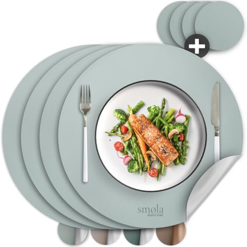 smøla 8-teiliges Tischset Rund aus PU-Leder - inkl. Untersetzer I Platzset Abwaschbar I Platzdeckchen Set in Lederoptik, Tischunterlage für Teller & Gläser I Tischdeko, Blau/Silber