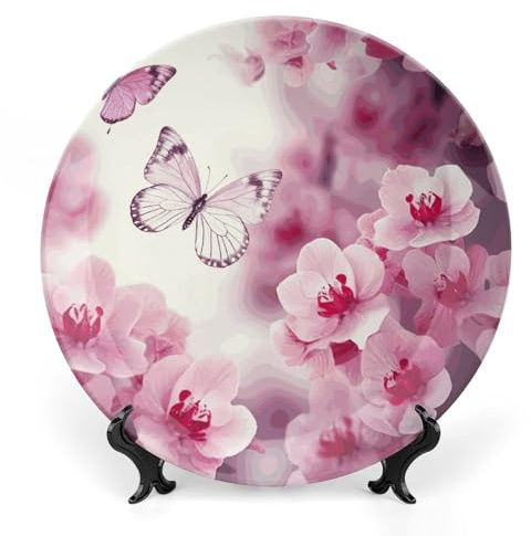 Plato decorativo de porcelana china con flores y mariposas, plato decorativo de cerámica para decoración de pared de hogar y oficina con soporte vertical, platos decorativos para el hogar, cocina, dor