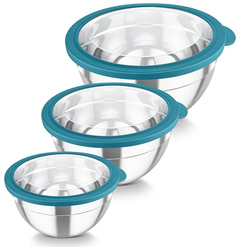 TEAMFAR Rührschüssel Set, 3-tlg Edelstahl Salatschüssel mit Deckel Blau | Stapelbar Schüssel 4,5L/3L/1,5L, Transparenter Luftdichtem Deckel, Schüsselset zum Servieren/Kochen/Backen Spülmaschinenfest