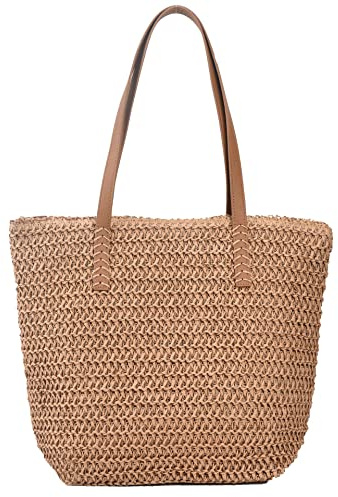 Laneko Large Straw Shoulder Bag Summer Beach Bag for Women Straw Tote Bag Handbag With Zipper Summer Shoulder Bag (B Style-Brown)