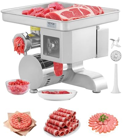 VEVOR Hachoir à Viande Électrique avec Capacité de 5 kg/min, Trancheuse à Viande en Acier Inoxydable, Poussoir à Saucisses avec Lame et Plaque de Broyage, Style de Comptoir, pour Cuisine Boucherie