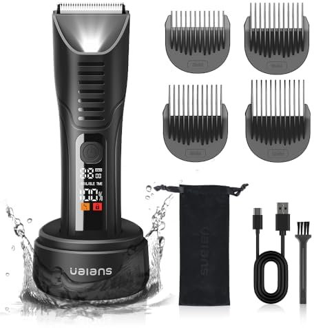 Rasoio Elettrico Corpo Uomo, Depilatore Corpo Uomo 2 in 1 con Luce LED e Display, con Base di Ricarica, IPX7 per Uso a Secco e Bagnato, Rasoio Intimo per Petto, Gambe, Ascelle e Inguin