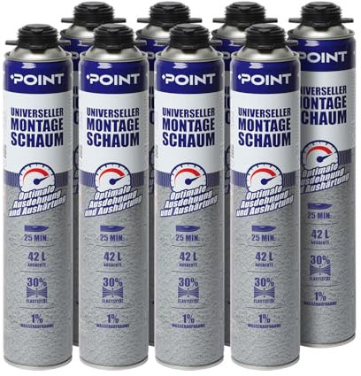 POINT B2 Universeller Montageschaum – Pistolenschaum zum Verfüllung, Dämmung & Isolierung [8 x 750 ml] Bauschaum für Schaumpistolen – Ausbeute: bis zu 42 Liter – PU-Schaum für Profis