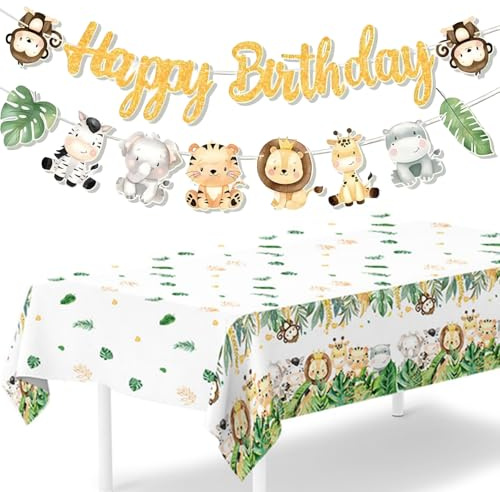 Nappes avec bannière « Happy Birthday » - Décoration de fête d'anniversaire sur le thème de la jungle - Décorations de fête sur le thème de la jungle - Pour garçons et filles - Décoration de fête