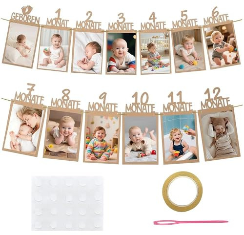 APKOL Ghirlanda di Compleanno 12 Mesi, Festone Primo Compleanno Bimbo 1 Anno bimba, Filo e Ago Inclusi,Bandierine 12 Cartoncini di Carta per Foto Mensili Primo Decorazioni,Baby Shower,marrone