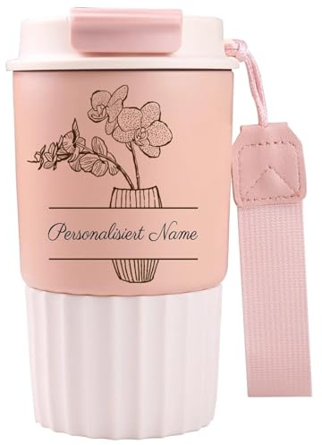 loongway Personalisierter Kaffeebecher Thermobecher Klein 450ml - Edelstahlbecher mit Deckel Auslaufsicher, Blumenpersonalisiert, Rutschfester Becher für Kaffee To Go Geburtstagsgeschenk,Auto,Reise