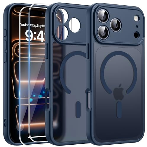 FLLAO 3 in 1 Magnetic Case for iPhone 17 Pro Max with 2X HD Screen Protector, Compatible with MagSafe, Slim Shockproof Military-Grade Drop Protection, Translucent Matte Hard Back Bumper Cover, Blue | 2 Tempered Glass, Full Camera Protection, Military-Grade Shockproof, Slim Translucent Matte Hard Back Bumper Phone Cover