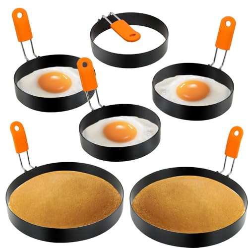 Egg Ring Pancake Ring Set 6 Pcs Stainless Steel Fried Egg Circles Pancake Shapers with Silicone Handle for Griddle Cooking Shaper Indoor Camping Breakfast Omelette Sandwich (4, 6 Inch)
