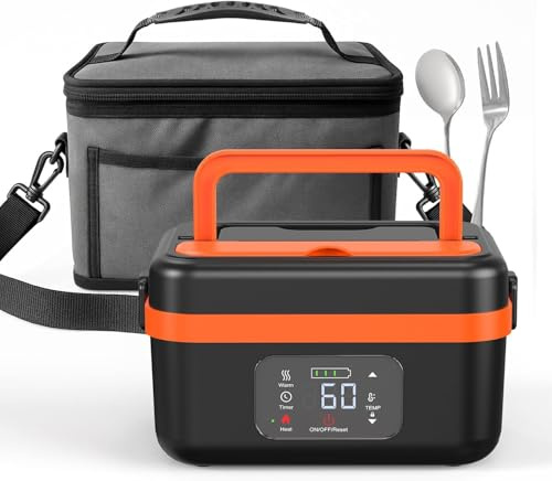Kouamor Caja de almuerzo Eléctrica Portátil con Batería 16000 mAh para Viaje 1 L con Bolsa Aislante, Tenedor, Cuchara y Bandeja Separador Desmontable, Naranja