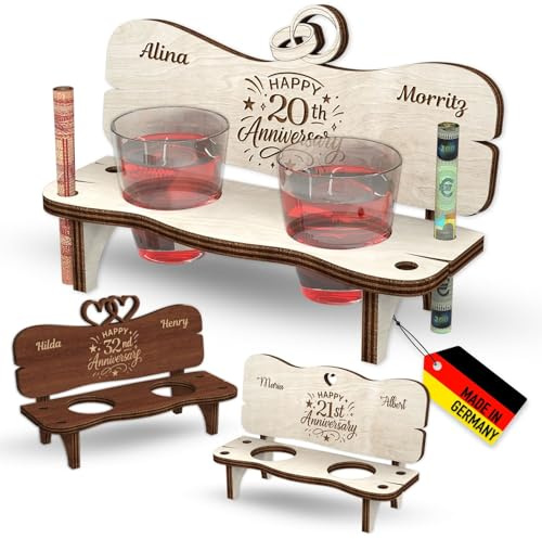 Customdo Personalisierte Happy Anniversary Schnapsbank und 2 Schnapsgläser für Paar Hochzeitstag in Hellbraun Dunkelbraun - Geschenk zum Jubiläum Hochzeit Geldgeschenk