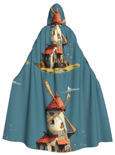 WHJHBD A small house with windmill Printing Halloween Adult Hooded Cape Cloak with Bow Tie for Costume Parties, Cosplay