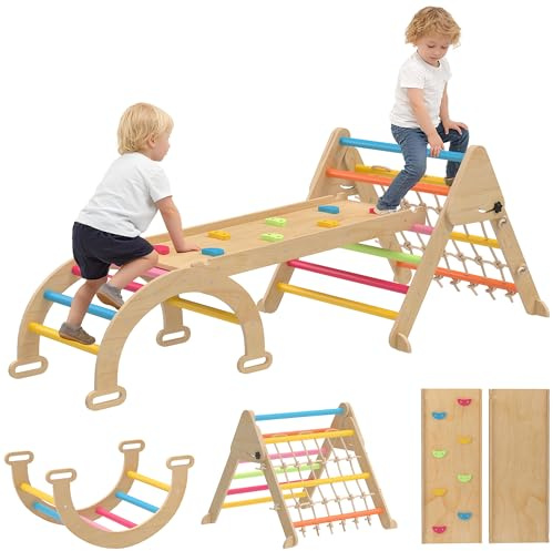 AIYAPLAY 8-in-1 Climbing Frame for Toddlers, Wooden Indoor Triangle Climbing Toys with Double-Sided Slide, Arch and Triangle Ladder for Kids Ages 1.5-4 Years, Multicoloured