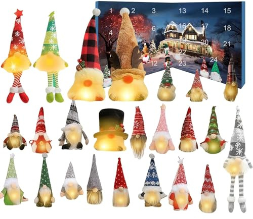 GNOME Calendrier de l'Avent - Présentoir de compte de Noël de 24 jours, collection de poupées saisonnières incandescentes, arrangement de vacances festif | Décoration d'intérieur enchanteresse pour