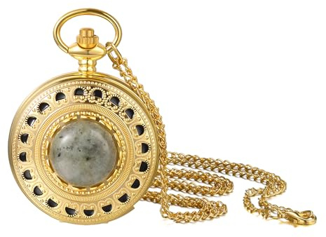 JewelryWe Herren Vintage Taschenuhr: Goldfarbene Anhänger Halskette Uhren mit grünen Steinakzenten Analog Quarz Fob Uhren mit 70 cm Kette