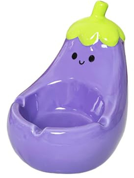 CALMUDHON Bonito cenicero de cerámica de berenjena de dibujos animados con ranuras para cigarrillos, soporte decorativo para cenicero de mesa para el hogar, oficina, escritorio, regalo para hombres
