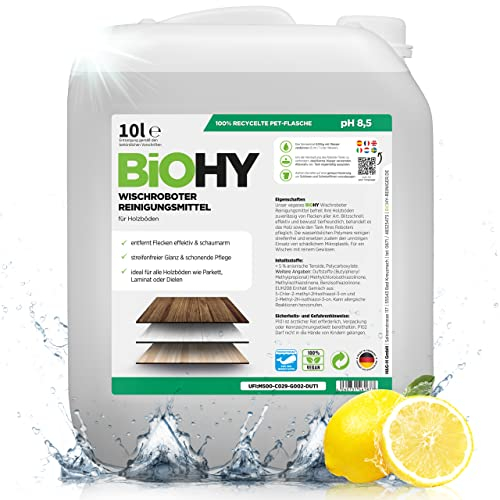 BiOHY Wischroboter Reinigungsmittel (10 Liter Kanister) | Bodenreiniger Mittel für Holzböden | Laminat & Parkettpflege | streifenfreier Glanz auf wasserfestem Holz | schaumarmes Konzentrat