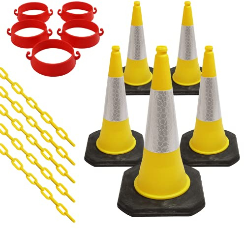 Set of 5 ​Traffic Cones, Plastic Security Cone Chain Barrier ​and​ Links - ​For​ Road ​and Driveway Safety - ​Use for​ No Parking ​or​ Entry - Red, White ​and​ Reflective​ Design (Yellow)