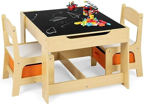 GOPLUS Juego de Mesa y 2 Sillas Infantil 3 en 1, Grupo de Asientos y Escritorio con Pizarra para Niños, Mueble Infantil con Cajon de Almacenamiento Que Ahorra Espacio, Madera, Naranja (Naranja)