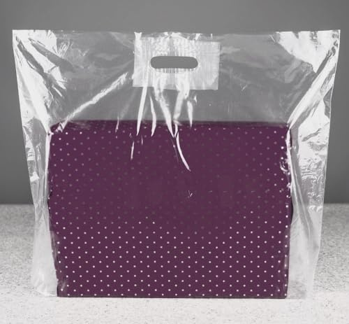 LARGE Reusable CLEAR Plastic Carrier Bags with Patch Handle - 54cm x 46cm +7cm / 22 x 18 x 3 - Ideal for Shopping, Fashion, Boutique, Party, Conferences, and Trade Shows (10)