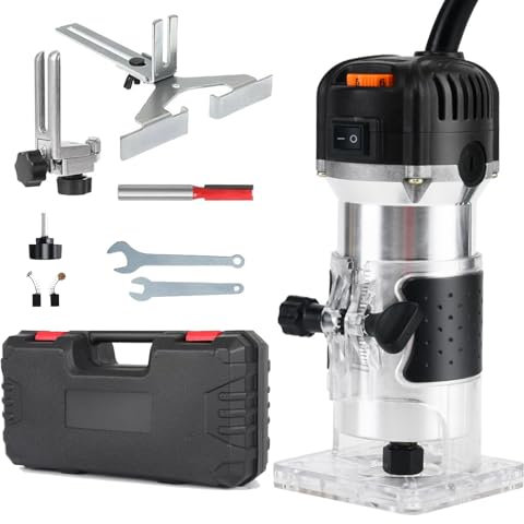 Palm Router WODSTA 1/4Inch/6.35mm Router Tool 800W 30000R/Min Woodworking Router Tools with 1 PCS 1/4 Inch/6.35mm Router Bit Wood Router 6-Speed Light Weight Router Adjust Drill Depth Wood Router