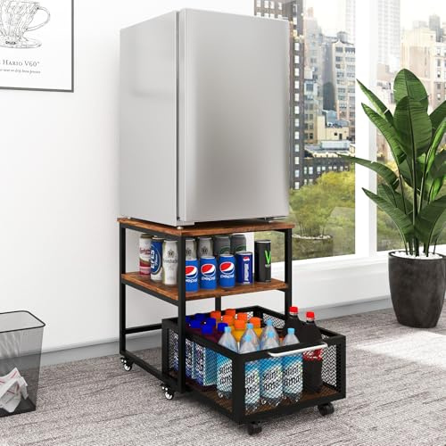PUNCIA Supporto per Frigorifero 50x50x60cm con Grande Capacità Carrello Mobile con Ruote Scaffale di Stoccaggio Tavolo Mini Frigo Portatile con 4 Ruote Bloccabili Base per Frigo per Casa (Marrone)
