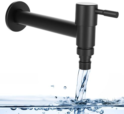 Rubinetto per acqua fredda in acciaio inox nero, montaggio a parete, rubinetto per acqua fredda G1/2, rubinetto nero opaco, per bagno, cucina, balcone, lavatrice, giardino (lungo)