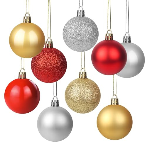 Juego de 36 Bolas arbol de Navidad,5 cm de diámetro Bolas de Navidad,combinación de Tres Colores (Dorado/Plateado/Rojo),incluidos Estilos Brillante, Mate y con Purpurina,Adornos Adornos arbol Navidad