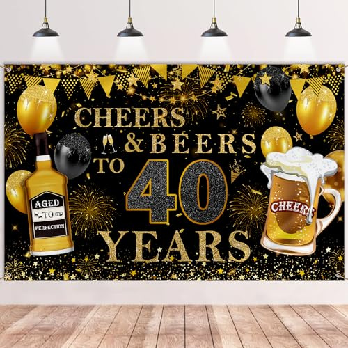 40. Geburtstag Deko Banner Frauen Männer - Schwarz Gold Cheers & Beers to 40 Years Hintergrund Banner, Große Geburtstagsbanner Für 40 Jahre Geburtstagsdeko 180 X 110cm