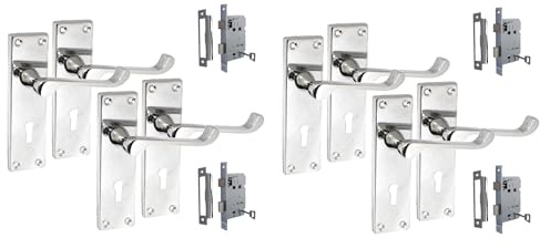 Discount Hardware UK Door Handles Internal Sets - 4 Sets of Victorian Scroll Polished Chrome Door Handle with Door Lock Pack +2 Lever Lock + Hinges (KA) Door Handle Set (4)