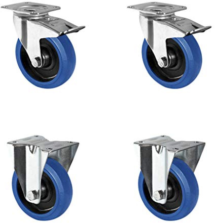 CASCOO SETTBFB100R4F1R0N Rollensatz 2 Lenkrollen mit Feststeller, 2 Bockrollen, Polyamid, Elastik blau, Gummi, Durchmesser 100 mm, Rollenlager, Transportrollen, Traglast 480 kg (4-er Pack)