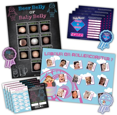 Baby Showered UK 3 Baby Shower Games - Beer Belly or Baby Belly, Labour or Rollercoaster, Price is Right - 3 Winner Prizes - 20 Player Game Pack - XL Posters - Ages 3+