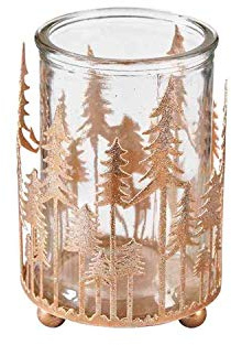 Teelichthalter mit Tannenbäumen, Gold, weihnachtliches Windlicht, Kerzenhalter, 8 x 14 cm