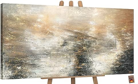 YS-Art Pintura abstracta sobre lienzo en acrílico Poder elemental arte abstracto Pintura hecha a mano en tonos grises y dorados 100x50 cm