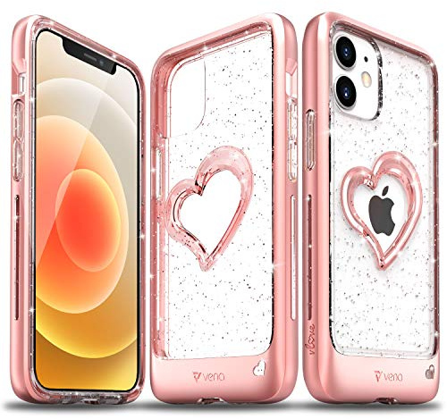 VENA vLove Cover Glitter Trasparente Compatibile con Apple iPhone 12 Mini (5.4-inch), (Heart Shape, CornerGuard Protection) Bling Custodia Case Protettiva - Oro Rosa