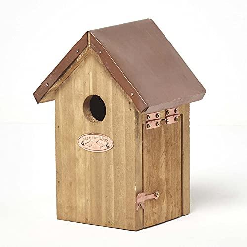 HOMESCAPES Massivholz-Vogelhaus, Zaunkönig-Nistkasten H 20 cm x B 14 cm, Gartenvogelhaus zur Anbringung an Zäunen und Bäumen, handgefertigt aus behandeltem Kiefernholz, Fertig montiert mit Kupferdach