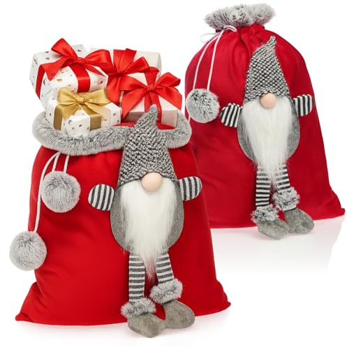 COM-FOUR® 2x Premium Weihnachtssack, roter Geschenkesack zum Befüllen | Weihnachtsbeutel mit Bommeln & Wichtel als Dekoration und tolle Geschenkverpackung