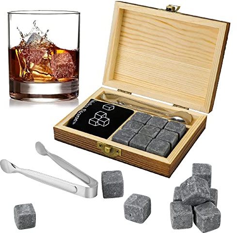 Accessotech Whiskey Steine Geschenkset 9-teilig Luxus Holzkiste Kühlen Felsen Eiswürfel servieren Cool