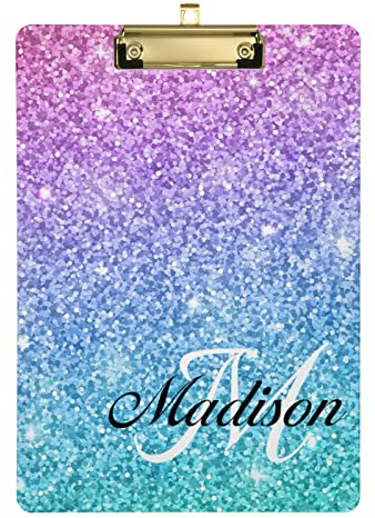 Personalisiertes Acryl-Klemmbrett, A4, Standardgröße, dekorative Klemmbretter für Büros, Schule, Klassenzimmer, 22,9 x 31,8 cm, mit niedrigem Profil, Metallclip, Rosa / Blau