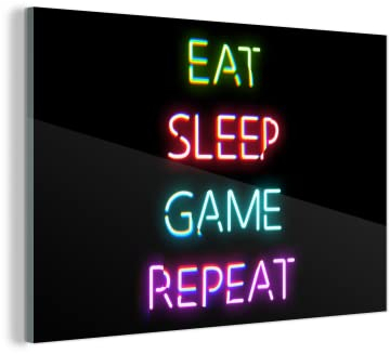 MuchoWow Glasbild Glasfoto Wandbild Bilder Deko 60x40 cm Gaming - Led - Zitat - Eat sleep game repeat - Gaming