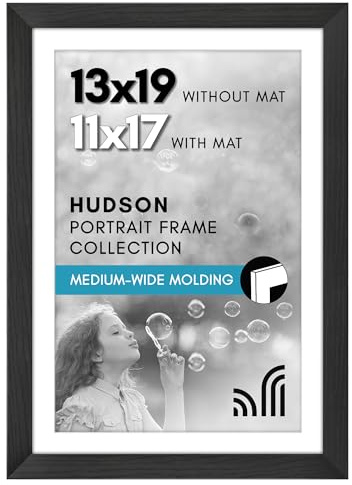 Americanflat 13x19 Picture Frame with Shatter-Resistant Glass - Use as 11x17 Frame with Mat or Display 13x19 Photo Without Mat - Hudson Collection - Wide Picture Frames for Wall Display - Black