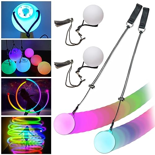 LED Poi 2 Stück Verbesserte LED POI Bälle Diabolo, LED POI Jonglierbälle Poi Bälle Premium Leucht Frisbee Kinder Leuchtwedel für Kinder und Erwachsene, Anfänger und Profis Spinnen Schwingen Bauchtanz