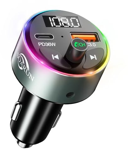 Bluetooth Adapter Auto, SOARUN AUX Bluetooth 5.3 FM Transmitter Auto Radio 54W (PD 36W&QC 3.0 18W) Metall Auto Ladegerät mit Freisprecheinrichtung USB Anschluss KFZ Kit, 9 RGB Licht mit Lichtschalter