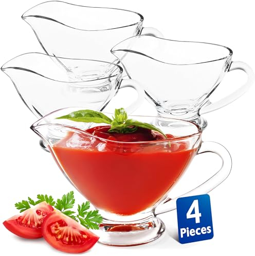 KONZEPT Salsera de cristal, juego de 4 unidades, 160 ml, transparente con asa, estable, ideal para aderezos, crema, salsa, aceite de oliva, NR 63. SAUCIERE