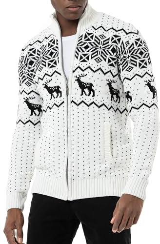 Redbridge Cárdigan de punto noruego para hombre con cremallera, Blanco, XXL