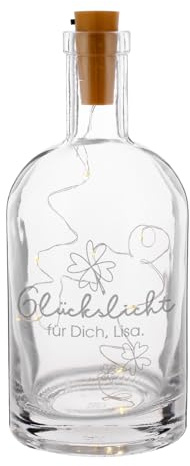 Herz & Heim® Glaskaraffe -Glückslicht- mit LED Flaschenlicht und Wunschtext graviert