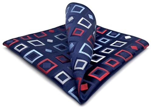 S&W SHLAX&WING Pocket Square for Men Suits Geometric Blue with Red White Pattern Satin for Gift