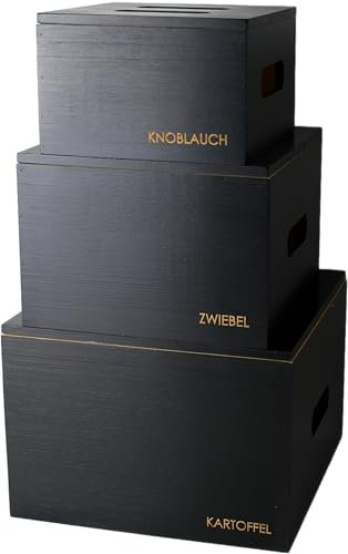 Cookery Kartoffel Aufbewahrungsbox aus Holz (3er Set) Zwiebel aufbewahrung Zwiebeltopf Kartoffelbox Knoblauch aufbewahrung Kartoffeln aufbewahren Gemüse Knoblauchtopf (schwarz)