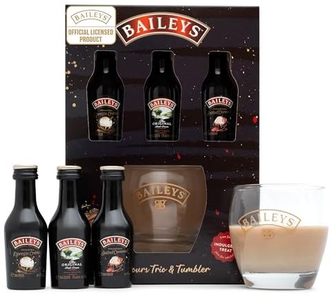 Baileys Gift Set - Baileys Irish Cream, Baileys Salted Caramel, Coffee Liqueur x3 Alcohol Miniatures 5cl Bottles & Branded Glass - Birthday Alcohol Gift Sets for Women, Men, Mum Gifts, Christmas