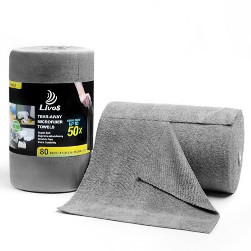 LIVOS Microfiber Cleaning Cloth Roll - 80 Pack, Reusable Paper Towels Grey Tear Away, Microfiber Towels for Cars, Super Absorbent Lint Free Cleaning Rags for House, Kitchen, Window-11.5x11.5