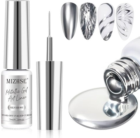 MIZHSE Silber Nagellack Gel Liner Nail Art Silver Metallic Painting Gel, 3D Metal Glossy Drawing UV Nagellack 7ML für Painting Nail Design Soak Off Manicure Nail Art 1PC